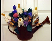 Metal Watering Can with Handmade Fabric Flowers, Leaves, Butterflies and Mouse