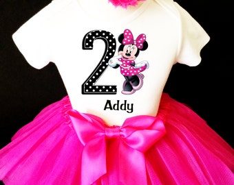 Minnie Mouse Black Hot Pink Polka Dotted Dots 2nd Second Girl Birthday Tutu Outfit Custom Personalized Name Age Party Shirt Set