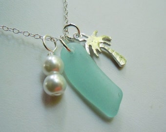 Sea Glass Necklace Palm Tree Beach Glass Necklace Beach Glass Jewelry