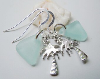 Dangle Earrings Sea Glass Palm Tree Beach Glass Earrings, Tropical Sea Glass Earrings, Seaglass Jewelry