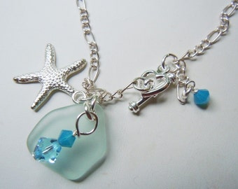 Sea Glass Charm Bracelet,Light Aqua Beach Glass Starfish Jewelry