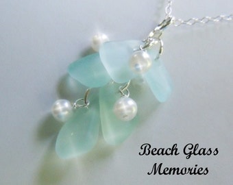 Aqua Sea Glass Necklace - Seaglass Necklace Cluster Beach Glass Jewelry Eco Friendly Jewelry