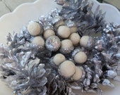 Needle Felted Acorns Winter White with Metallic Silver Caps & Silver Pinecones Nature Home Decor Wedding Decor