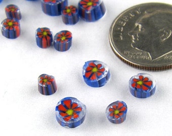 Handmade Lampwork Murrine Blue/Red Daisy 104 COE Murrini slices 15 - R