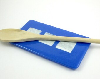 Blue Glass Spoon Rest - Blue Spoon Rest with White Square Accents - Blue Soap Dish Butter Dish