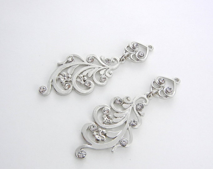 Pair of Silver-tone Curly Drop Charms Rhinestones