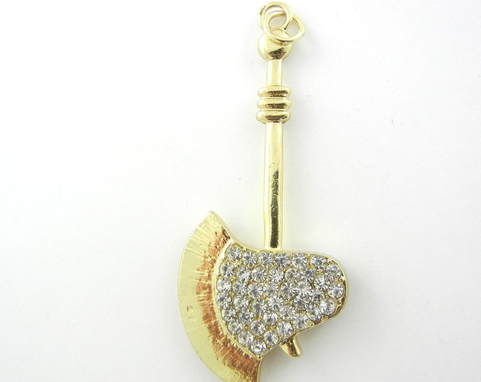 Gold-tone Medieval Axe or Hatchet Pendant with Doublesided Rhinestones