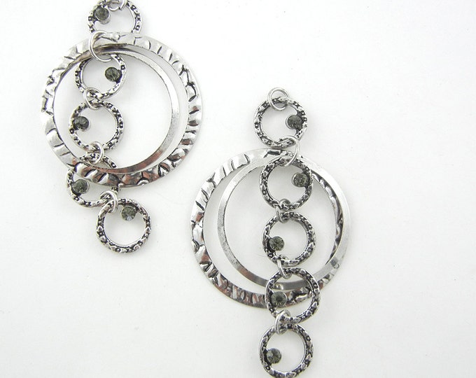 Pair of Circle Drop Charms Antique Silver-tone Gray Rhinestones