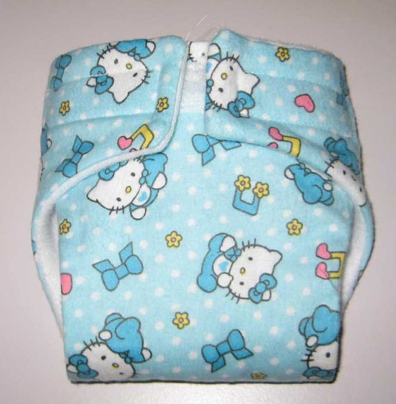 Baby Doll Cloth Diaper/Wipe-Hello Kitty on Blue Flannel-Fits