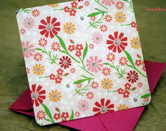 Blank Mini Card Set of 10, Summery Floral with Contrasting Pattern on the Inside, Metallic Pink Envelopes,mad4plaid