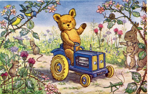 Teddy's Tractor . Pk 325, Molly Brett, vintage postcard,  animals watching bear drive tractor