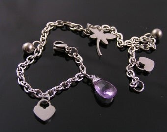 Birthstone Bracelet, Charm Bracelet, Dragonfly Bracelet, Birthstone Charms, Birthstone Jewelry, Amethyst Bracelet, Stainless Steel Bracelet