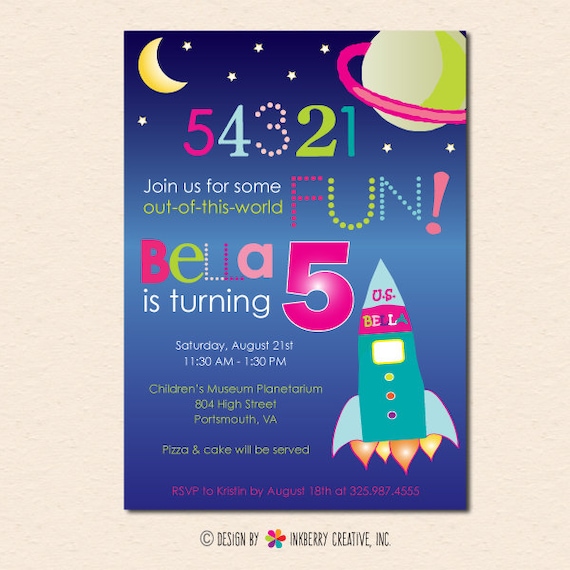 Out of this World - Girl's Space Theme Birthday Party Invitation (Digital File - Printed Cards Also Available) Il_570xn