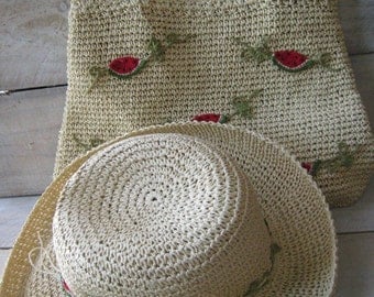 Vintage Capelli Straw Woven Hat and purse Set Beach Resort with Watermelon motif