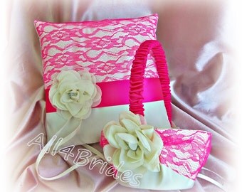 Hot pink lace wedding pillow and flower girl basket - lace ring bearer pillow and basket set