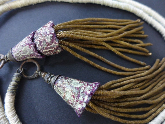 Prayer for Mercy. Convertible lariat/ earrings  Pale sage cord, polymer bells and bullion tassels. 
