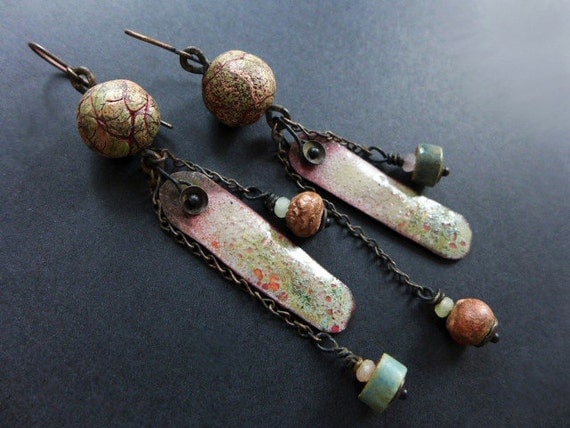 Aphelion. Assemblage earrings with art beads in sage and salmon.