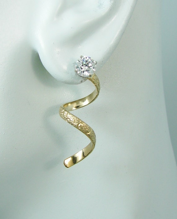 Spiral Dangle Gold Earring Jackets Gemstone Stud by earcuffs
