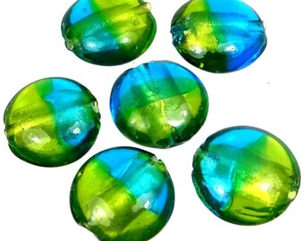 Lampwork Handmade Glass Beads Silver Foil Sea Green Blue Lentil (6) (L1180)