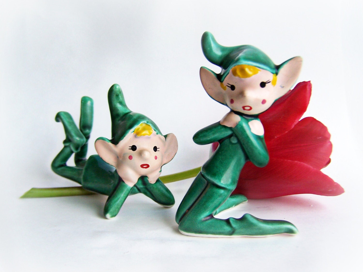 Vintage Napco Pixie Twins Two Figurines Rare Green Glazed Elf