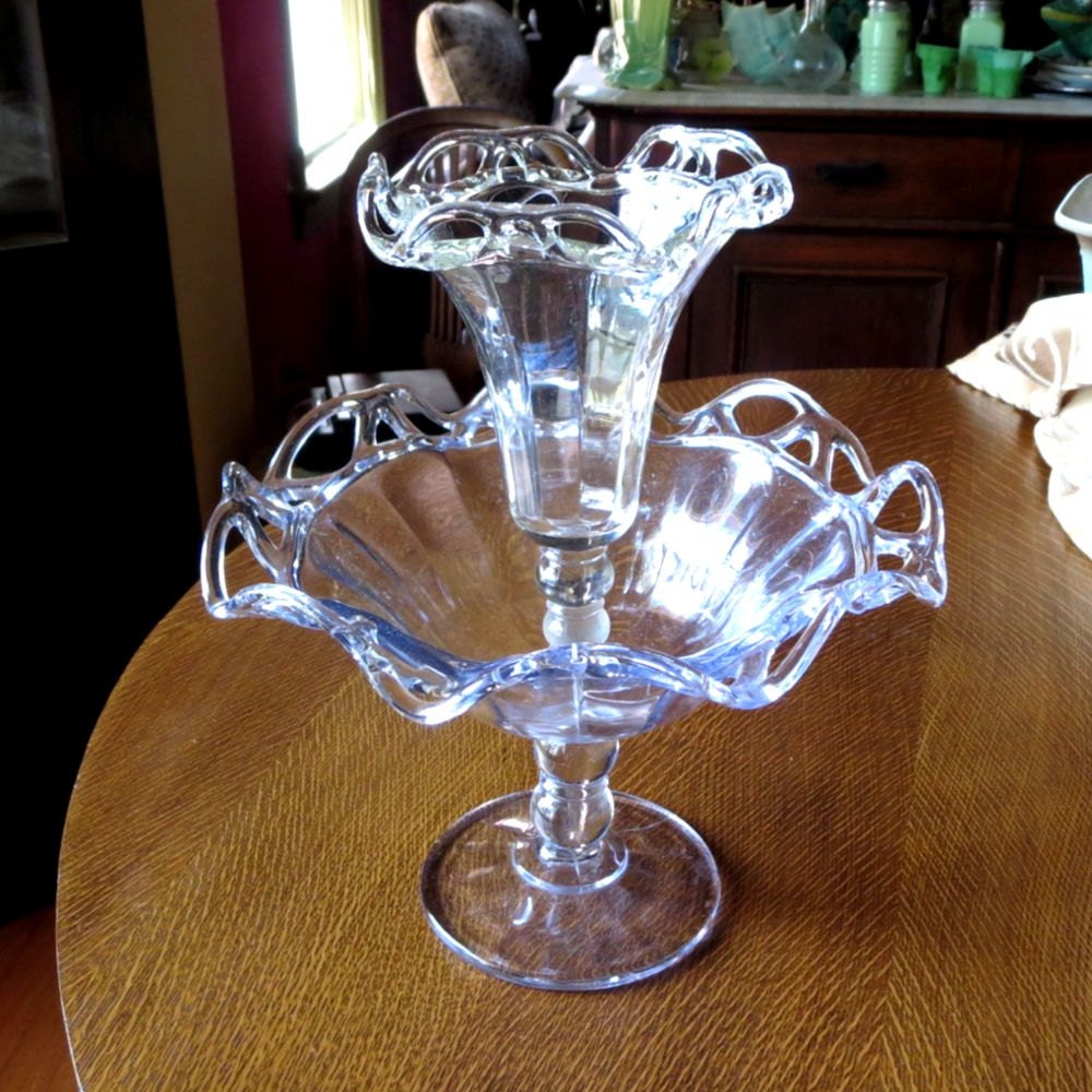 Imperial Glass Crochet Crystal Epergne Vase 1940's Lace