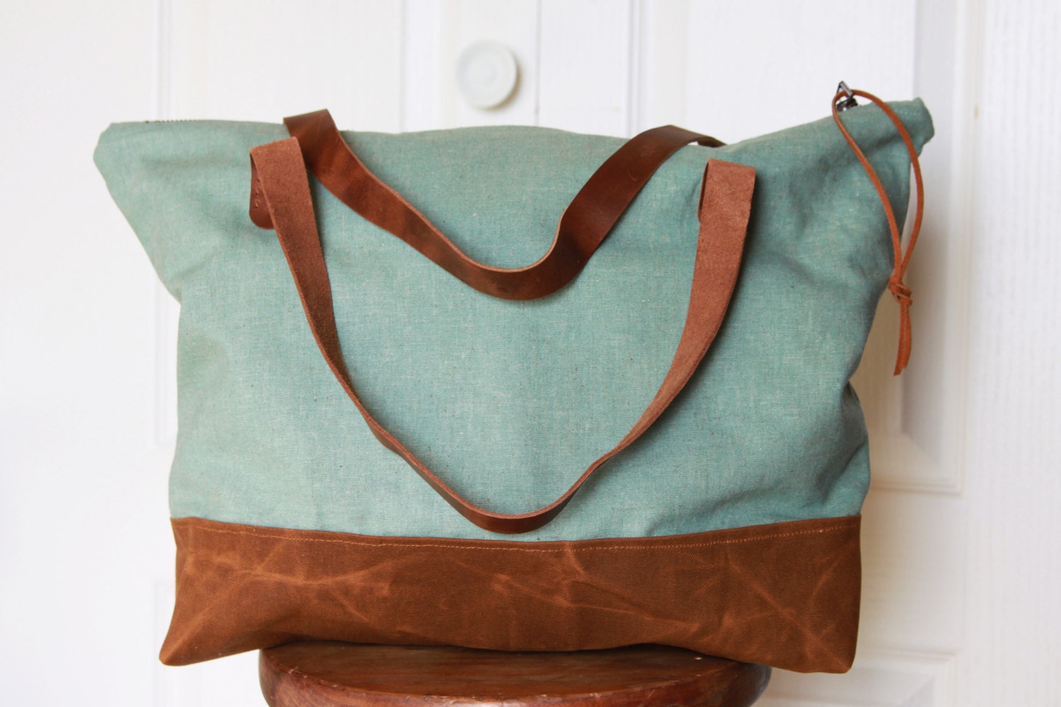 Cotton Canvas Tote Bag with Leather Handles and Waxed Canvas