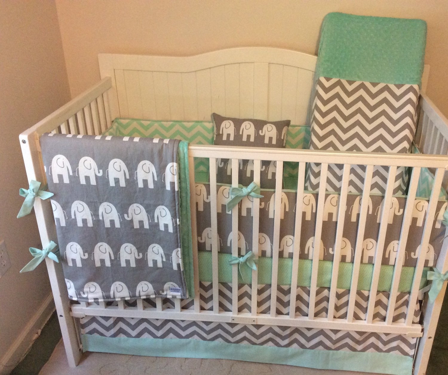 Crib Bedding Set Gray and Mint Green Made to Order