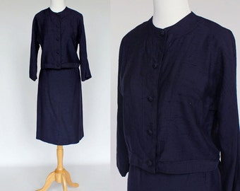 60s Cropped Jacket and Skirt / Navy Raw Silk Look / Xsmall to Small