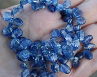 Sapphire Bule...Gem Kyanite Smooth 8-8.5mm Briolette Oval Drop Teardrop Beads 10 beads set