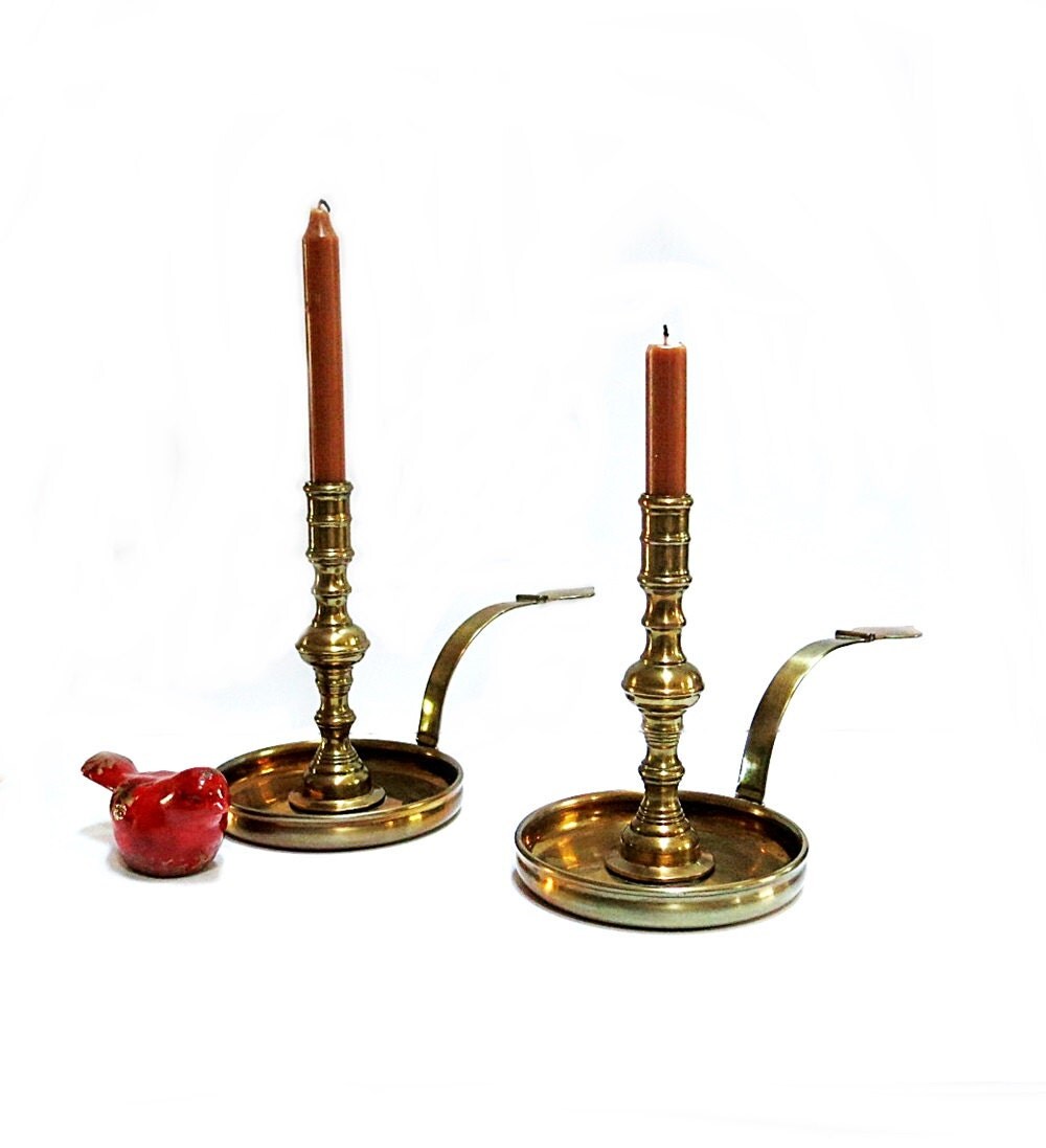 Colonial Brass Candle Holders 1950s Long Handles by CoconutRoad