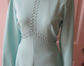 Vintage 50s light aqua blue Mad Men gown, custom made aqua bridesmaid dress, aqua gown bead detail size M, summer wedding dresses size Med