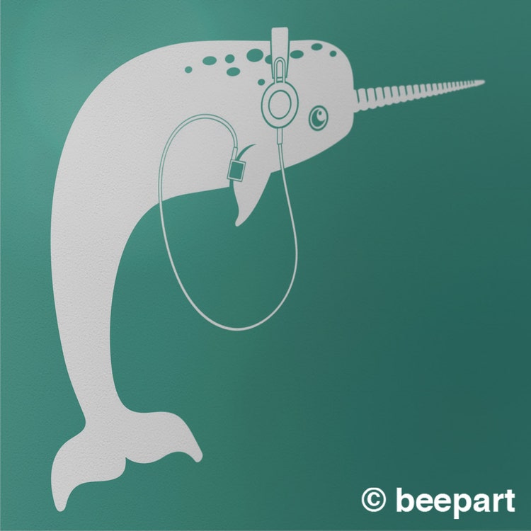 narwhal with headphones wall decal vinyl sticker art by beepart