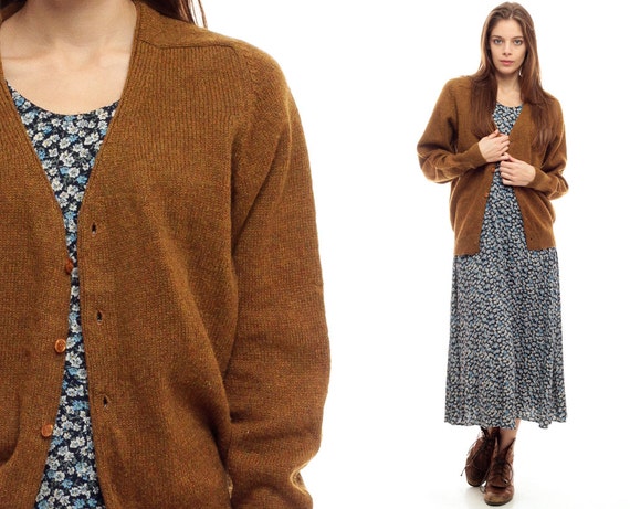 Brown Cardigan  Hipster Grunge  Sweater  80s Grandpa Button Up