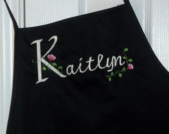 Apron Personalized with Name in Elegant Floral Font on Black Apron