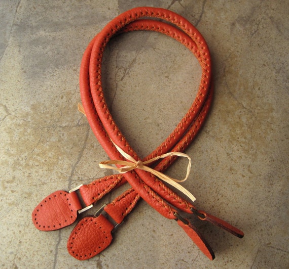 Handmade Leather Purse Bag Handles Rope Style Orange with