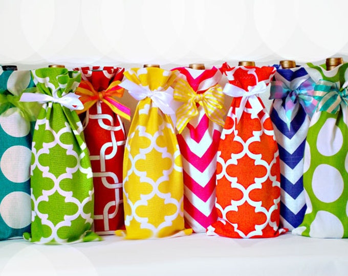Wine Bags, 2 Wine Sacks, Wine Caddy, Wedding, Bachelorette Party, Hostess Gift, Lime Aqua Chevron, Hot Pink Dots, Design Your Own