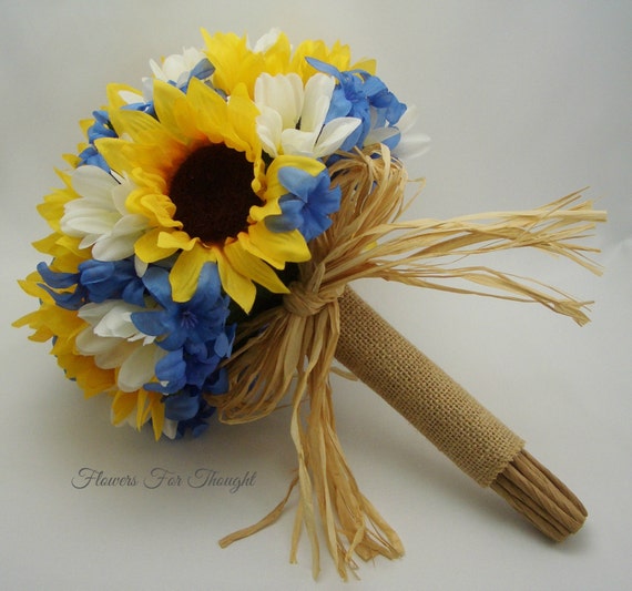 Sunflower Bouquet Blue Hyacinth White Daisies Burlap 8932