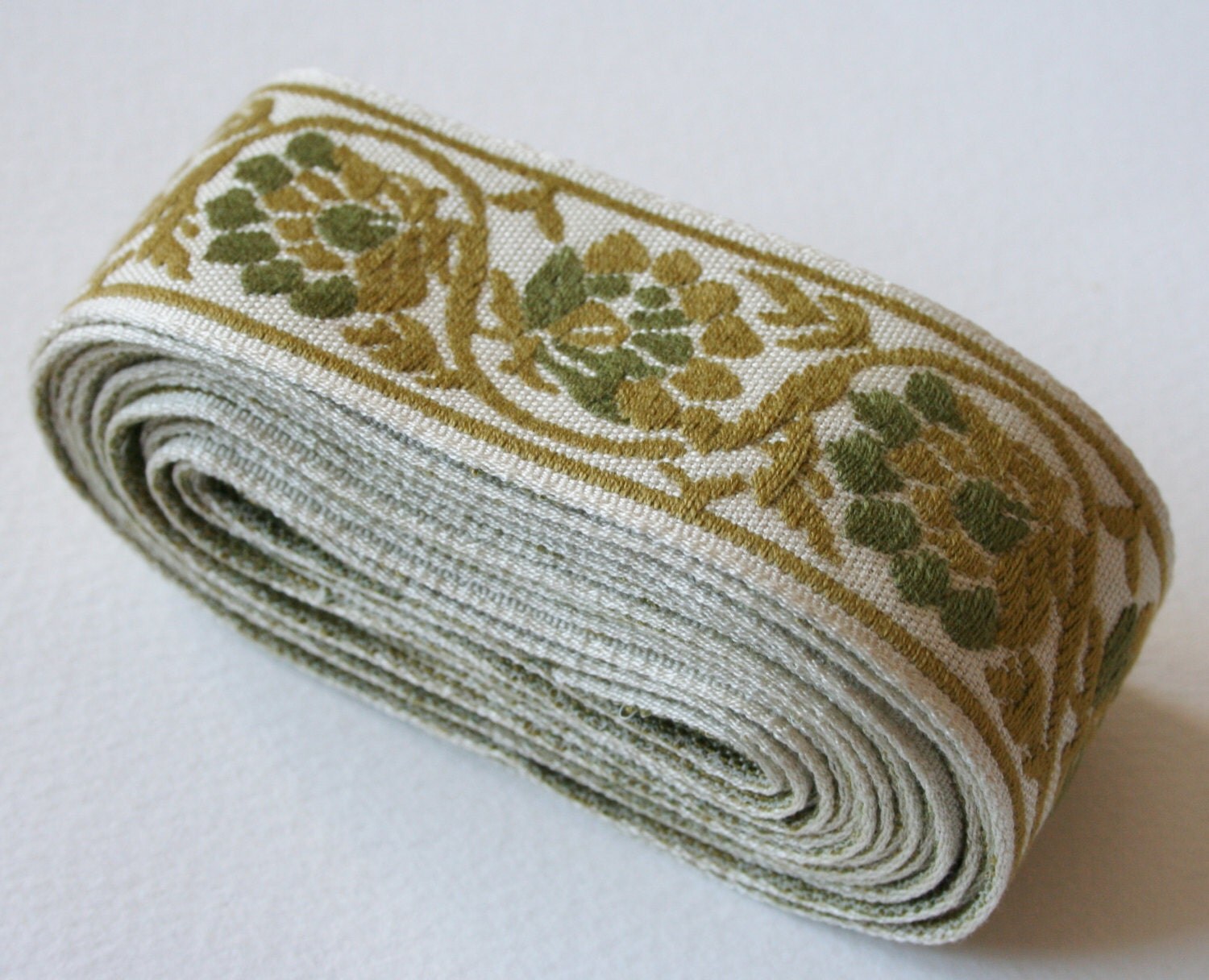 Vintage Upholstery Ribbon Trim 2 Tone Green Trim Leafy Scroll