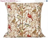 Christmas in July Sale Birds Pillow Cover Cushion Script Cardinals Berries Beige Red Tan Rustic Pillow Decorative 16x16