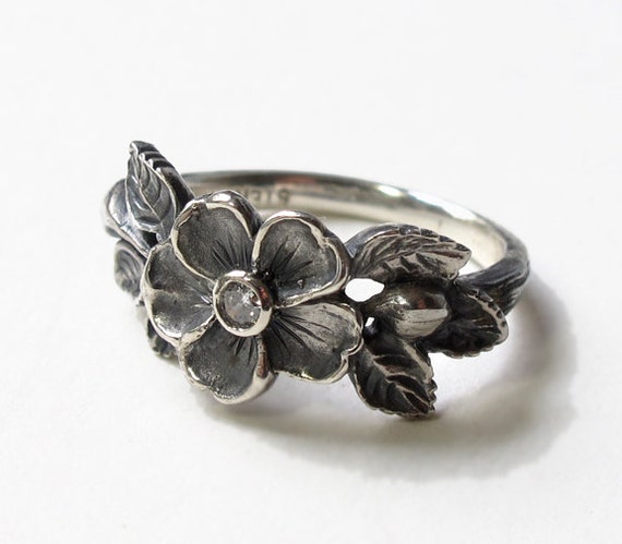 Heirloom Rose Diamond Flower Ring Sterling Silver