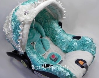 Graco Snugride 30 Aqua and White 3D Satin Roses/Flocked Damask/Minky Infant Cover Set Set 5 piece set-Ready to Ship
