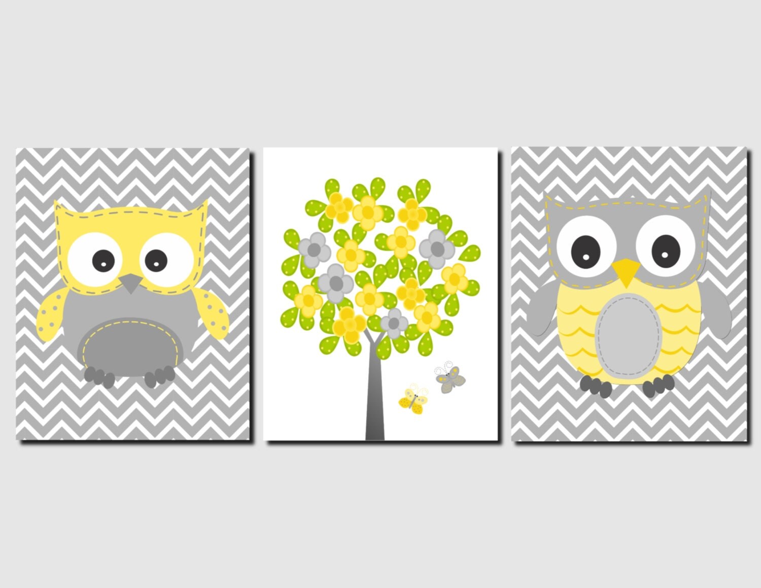 Owl Nursery Wall Art Kids Wall Art Yellow Grey Tree Owls