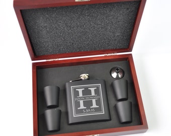 Personalized Flask Set with Shot Glasses With Wood Case