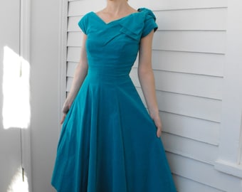 50s Velvet Dress Vintage Turquoise Blue Party Cocktail XS