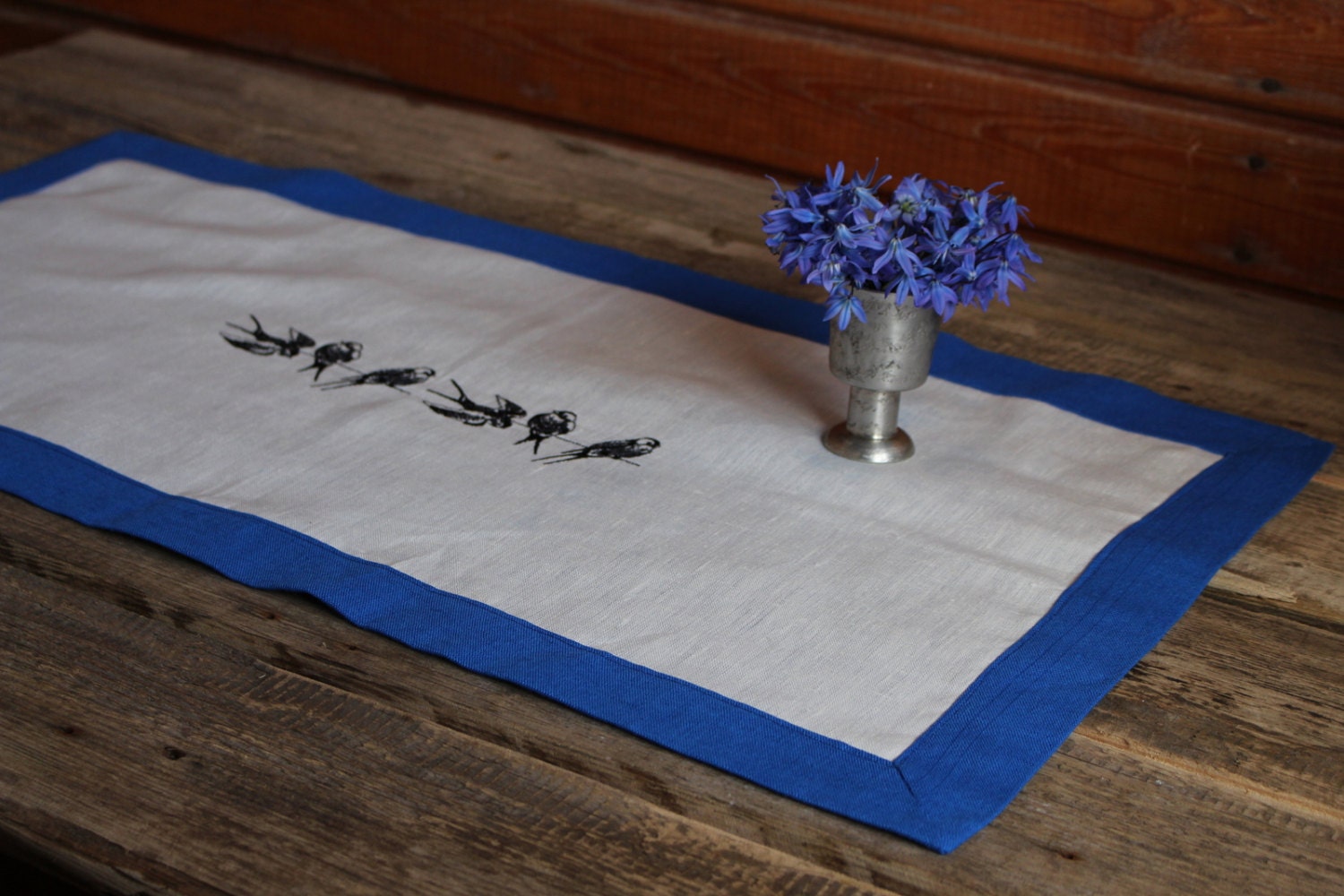 Blue and White Linen Table Runner with Birds Embroidery