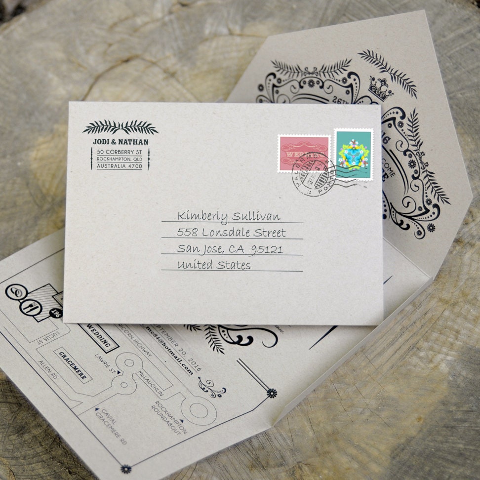 Self-mailing kraft wedding invitation: Open Me Softly