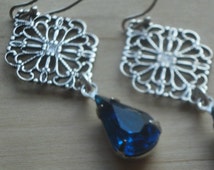 Blue Filigree Earrings Medieval Jewelry Ornate Silver Stampings with Vintage Teardrop Rhinestones Gift for Her for Prom