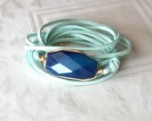 Chunky Gemstone Boho Long Leather Wrap Bracelet with Oval Faceted Agate