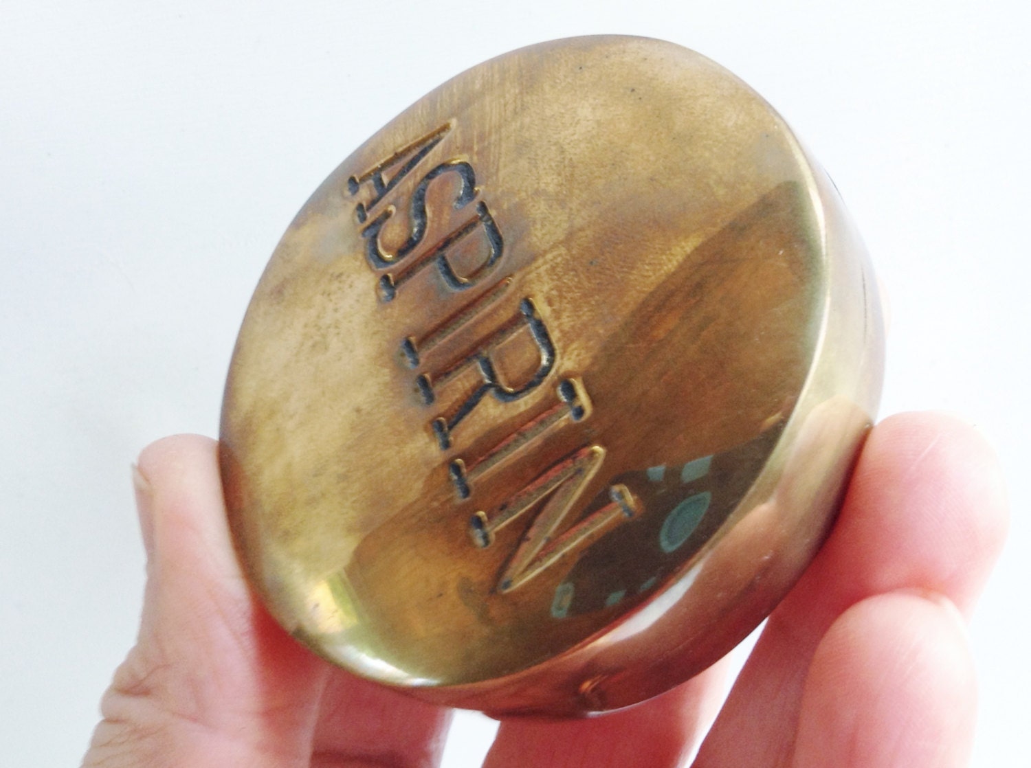 Solid Brass ASPIRIN Paperweight Container Bomel Collection