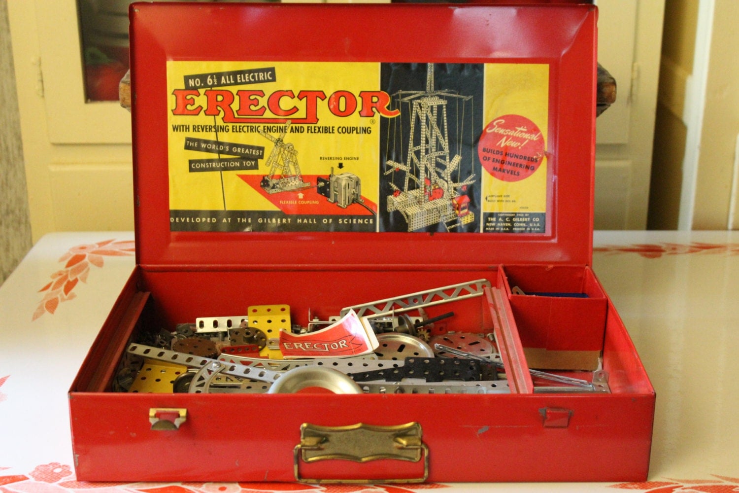 Antique Toy 1954 Erector Set in Red Metal Carry by VandyleeVintage